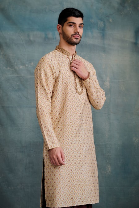 Buy Krishna Mehta Maroon Tussar Embroidery Jaal Block Print Kurta With Dhoti Pant Online at Aza Fashions Buy_Krishna Mehta_Maroon Tussar Embroidery Jaal Block Print Kurta With Dhoti Pant _Online_at_Aza_Fashions