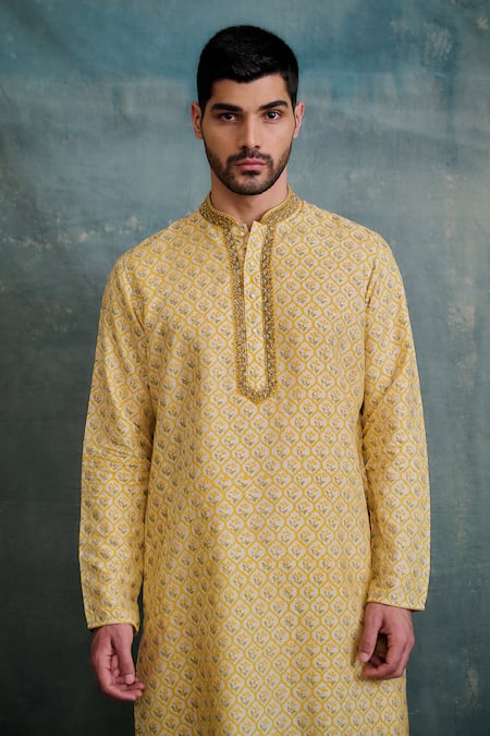 Krishna Mehta Yellow Tussar Zari Jaal Print Kurta With Churidar Online at Aza Fashions Krishna Mehta_Yellow Tussar Zari Jaal Print Kurta With Churidar _Online_at_Aza_Fashions