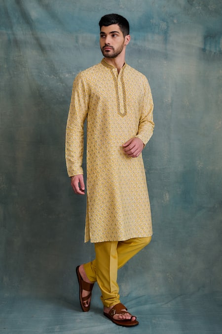 Buy Krishna Mehta Yellow Tussar Zari Jaal Print Kurta With Churidar Online at Aza Fashions Buy_Krishna Mehta_Yellow Tussar Zari Jaal Print Kurta With Churidar _Online_at_Aza_Fashions