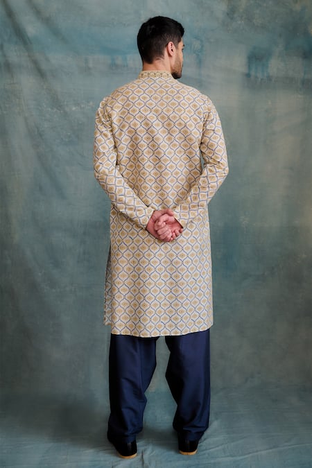 Shop Krishna Mehta Blue Tussar, Cotton Zari Floral Jaal Print Kurta With Pathani Salwar at Aza Fashions Shop_Krishna Mehta_Blue Tussar, Cotton Zari Floral Jaal Print Kurta With Pathani Salwar _at_Aza_Fashions