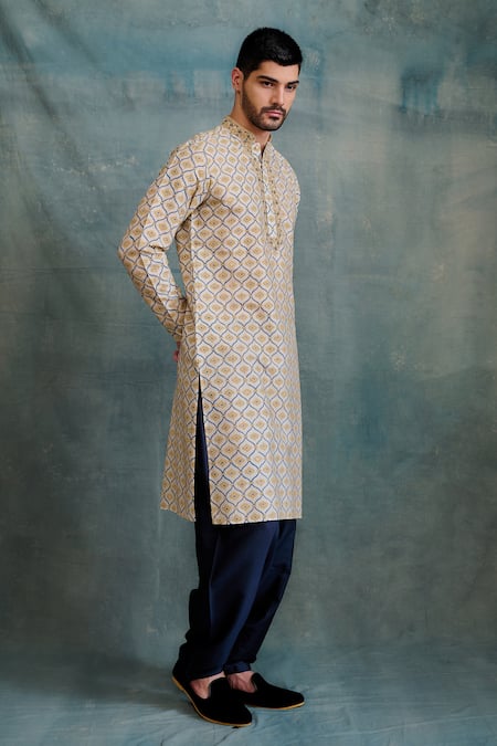 Krishna Mehta Blue Tussar, Cotton Zari Floral Jaal Print Kurta With Pathani Salwar Online at Aza Fashions Krishna Mehta_Blue Tussar, Cotton Zari Floral Jaal Print Kurta With Pathani Salwar _Online_at_Aza_Fashions