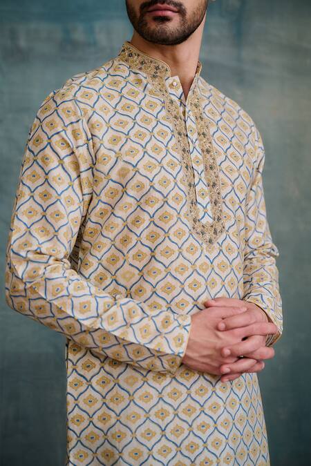 Buy Krishna Mehta Blue Tussar, Cotton Zari Floral Jaal Print Kurta With Pathani Salwar Online at Aza Fashions Buy_Krishna Mehta_Blue Tussar, Cotton Zari Floral Jaal Print Kurta With Pathani Salwar _Online_at_Aza_Fashions