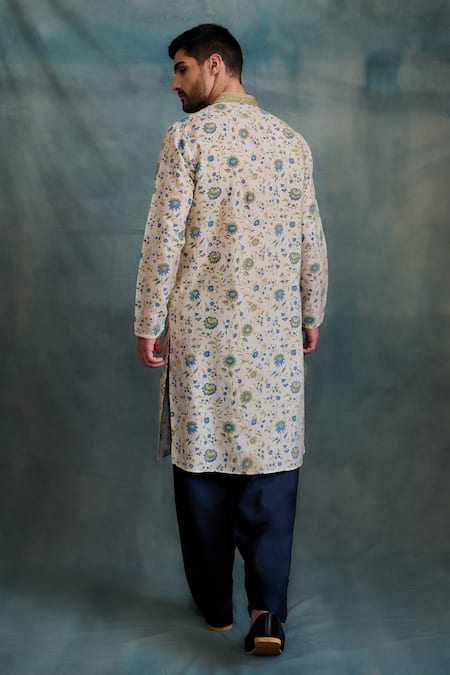 Shop Krishna Mehta Blue Tussar Zari Floral Jaali Block Print Kurta With Pathani Salwar at Aza Fashions Shop_Krishna Mehta_Blue Tussar Zari Floral Jaali Block Print Kurta With Pathani Salwar _at_Aza_Fashions