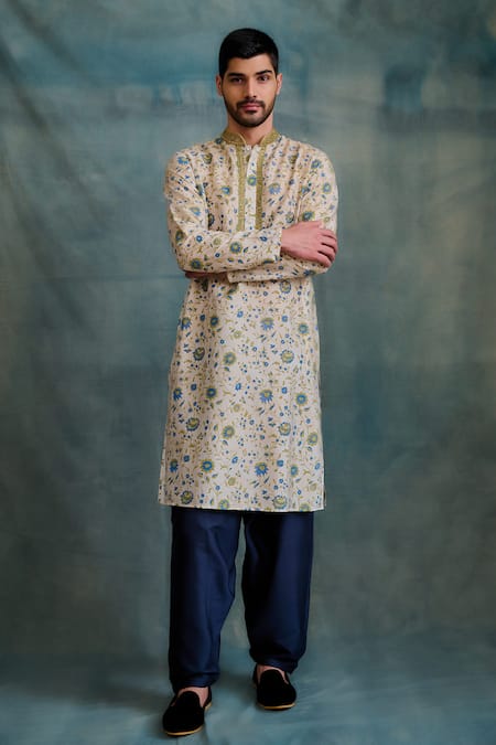 Krishna Mehta Blue Tussar Zari Floral Jaali Block Print Kurta With Pathani Salwar Online at Aza Fashions Krishna Mehta_Blue Tussar Zari Floral Jaali Block Print Kurta With Pathani Salwar _Online_at_Aza_Fashions