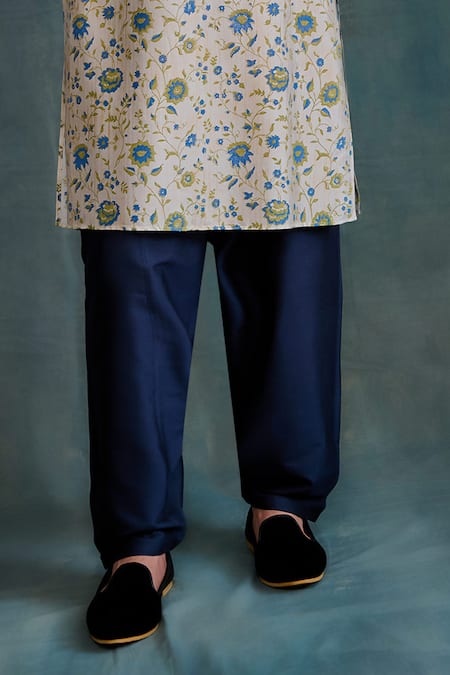 Buy Krishna Mehta Blue Tussar Zari Floral Jaali Block Print Kurta With Pathani Salwar Online at Aza Fashions Buy_Krishna Mehta_Blue Tussar Zari Floral Jaali Block Print Kurta With Pathani Salwar _Online_at_Aza_Fashions