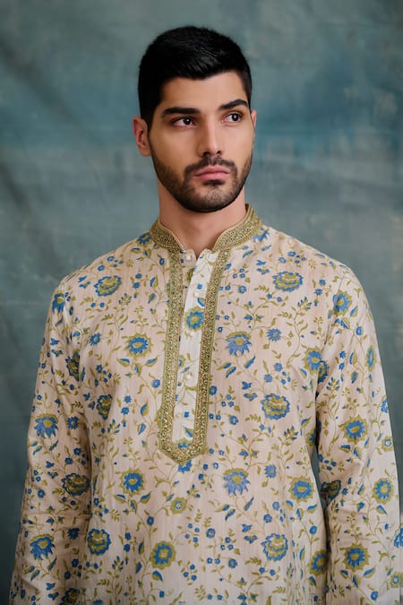 Shop Krishna Mehta Blue Tussar Zari Floral Jaali Block Print Kurta With Pathani Salwar Online at Aza Fashions Shop_Krishna Mehta_Blue Tussar Zari Floral Jaali Block Print Kurta With Pathani Salwar _Online_at_Aza_Fashions