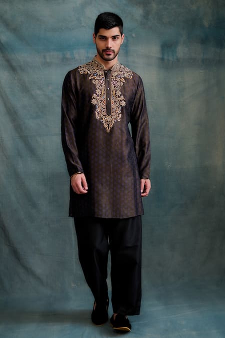 Buy_Krishna Mehta_Brown Tussar, Cotton Zari Zardozi Embroidered Placket Kurta With Dhoti Pant _Online_at_Aza_Fashions