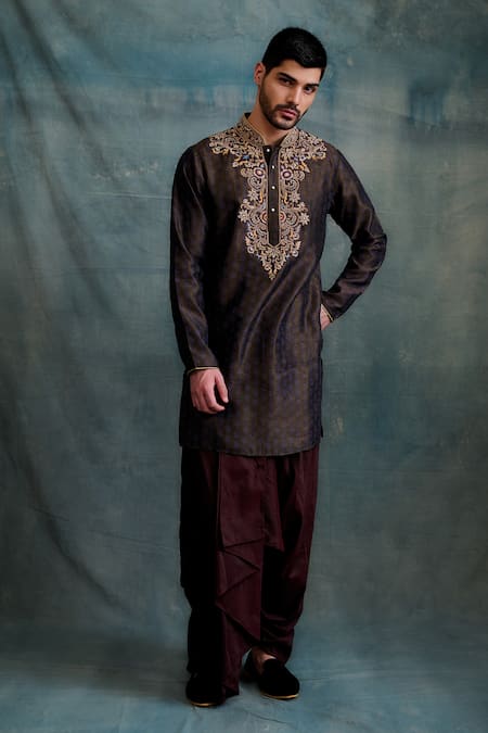 Shop_Krishna Mehta_Brown Tussar, Cotton Zari Zardozi Embroidered Placket Kurta With Dhoti Pant _Online_at_Aza_Fashions