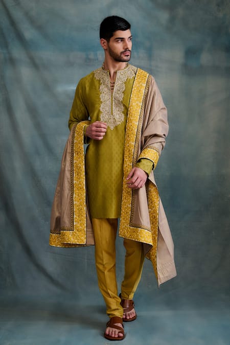 Krishna Mehta Green Chanderi Embroidery Tonal Block Print Short Kurta With Churidar Online at Aza Fashions Krishna Mehta_Green Chanderi Embroidery Tonal Block Print Short Kurta With Churidar _Online_at_Aza_Fashions