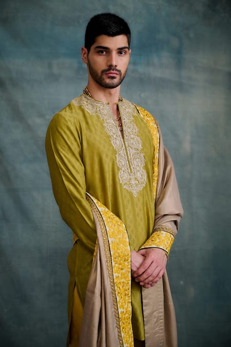 Buy Krishna Mehta Green Chanderi Embroidery Tonal Block Print Short Kurta With Churidar Online at Aza Fashions Buy_Krishna Mehta_Green Chanderi Embroidery Tonal Block Print Short Kurta With Churidar _Online_at_Aza_Fashions