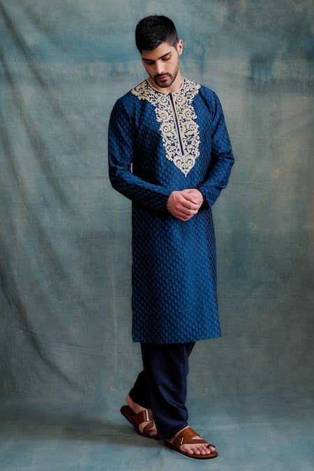 Shop Krishna Mehta Blue Chanderi Embroidery Tonal Block Print Kurta With Salwar at Aza Fashions Shop_Krishna Mehta_Blue Chanderi Embroidery Tonal Block Print Kurta With Salwar _at_Aza_Fashions