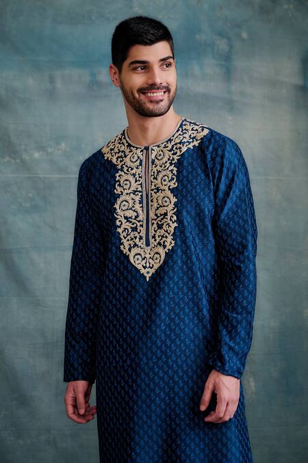 Buy Krishna Mehta Blue Chanderi Embroidery Tonal Block Print Kurta With Salwar Online at Aza Fashions Buy_Krishna Mehta_Blue Chanderi Embroidery Tonal Block Print Kurta With Salwar _Online_at_Aza_Fashions