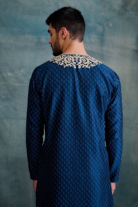 Shop Krishna Mehta Blue Chanderi Embroidery Tonal Block Print Kurta With Salwar Online at Aza Fashions Shop_Krishna Mehta_Blue Chanderi Embroidery Tonal Block Print Kurta With Salwar _Online_at_Aza_Fashions