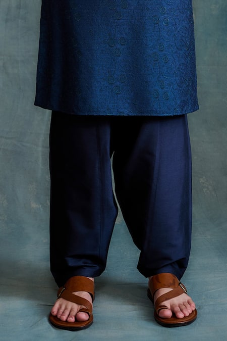 Krishna Mehta_Blue Tussar Embroidery, Gota Patti Tonal Resham Kurta With Salwar _Online_at_Aza_Fashions