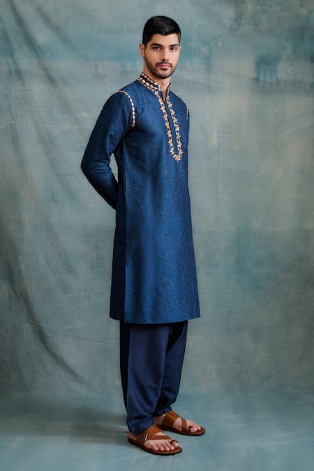 Buy_Krishna Mehta_Blue Tussar Embroidery, Gota Patti Tonal Resham Kurta With Salwar _Online_at_Aza_Fashions