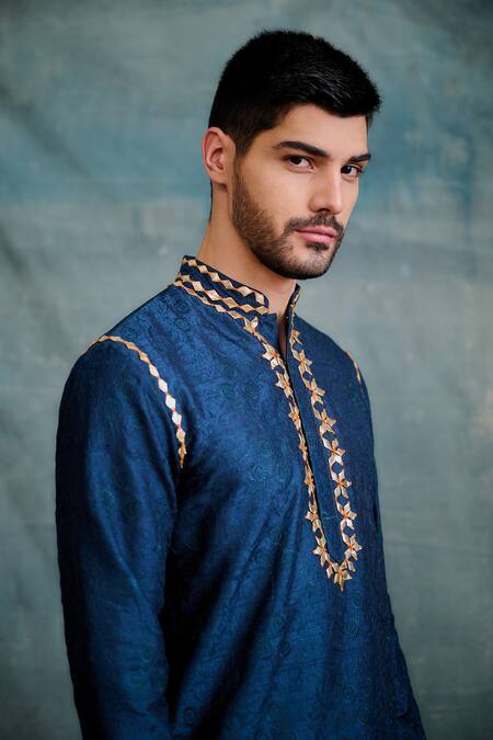 Shop_Krishna Mehta_Blue Tussar Embroidery, Gota Patti Tonal Resham Kurta With Salwar _Online_at_Aza_Fashions