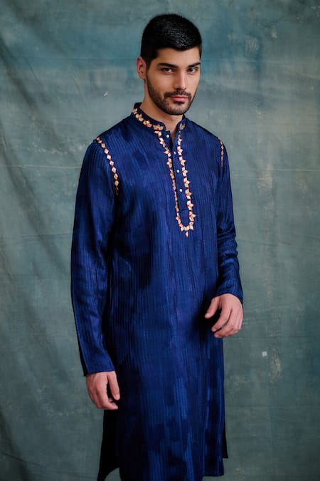 Buy_Krishna Mehta_Blue Tussar Gota Patti, Embroidery Resham Tonal Kurta With Salwar _Online_at_Aza_Fashions