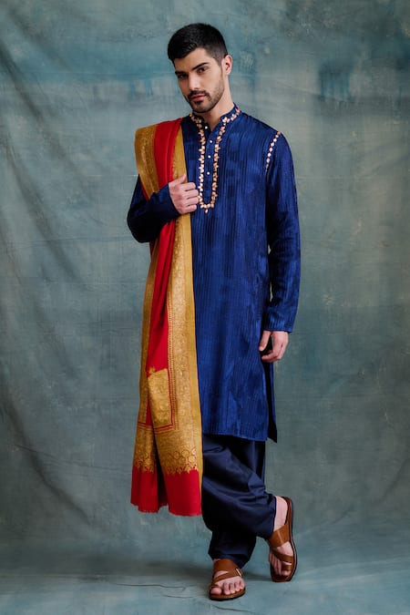 Shop_Krishna Mehta_Blue Tussar Gota Patti, Embroidery Resham Tonal Kurta With Salwar _Online_at_Aza_Fashions