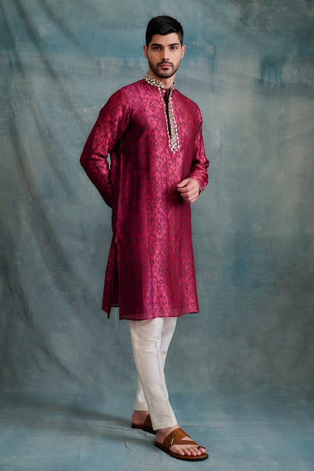 Krishna Mehta Magenta Tussar, Cotton Embroidery Tonal Block Print Kurta With Pant Online at Aza Fashions Krishna Mehta_Magenta Tussar, Cotton Embroidery Tonal Block Print Kurta With Pant _Online_at_Aza_Fashions