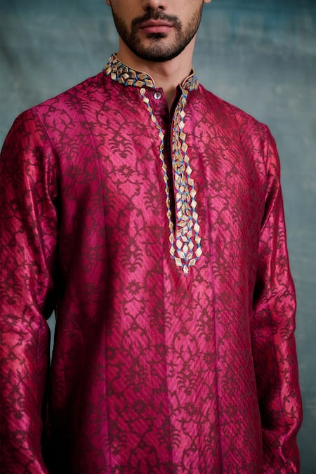 Buy Krishna Mehta Magenta Tussar, Cotton Embroidery Tonal Block Print Kurta With Pant Online at Aza Fashions Buy_Krishna Mehta_Magenta Tussar, Cotton Embroidery Tonal Block Print Kurta With Pant _Online_at_Aza_Fashions