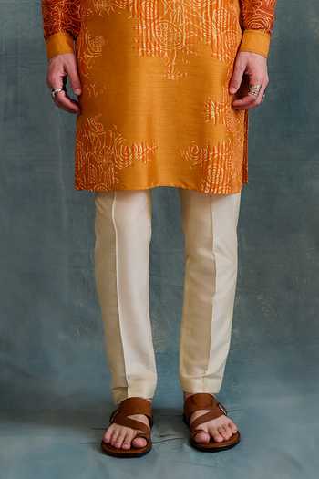 Krishna Mehta_Orange Tussar, Cotton Embroidery Floral Relief Print Kurta With Pant _Online_at_Aza_Fashions