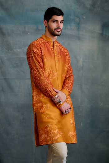 Buy_Krishna Mehta_Orange Tussar, Cotton Embroidery Floral Relief Print Kurta With Pant _Online_at_Aza_Fashions