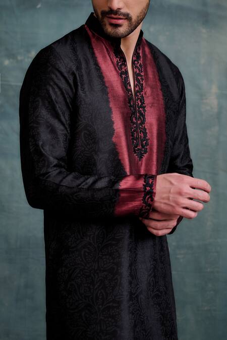 Buy_Krishna Mehta_Black Tussar Embroidery Floral Pattern Tie-dye Kurta With Pant _Online_at_Aza_Fashions