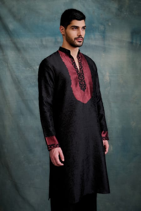 Shop_Krishna Mehta_Black Tussar Embroidery Floral Pattern Tie-dye Kurta With Pant _Online_at_Aza_Fashions