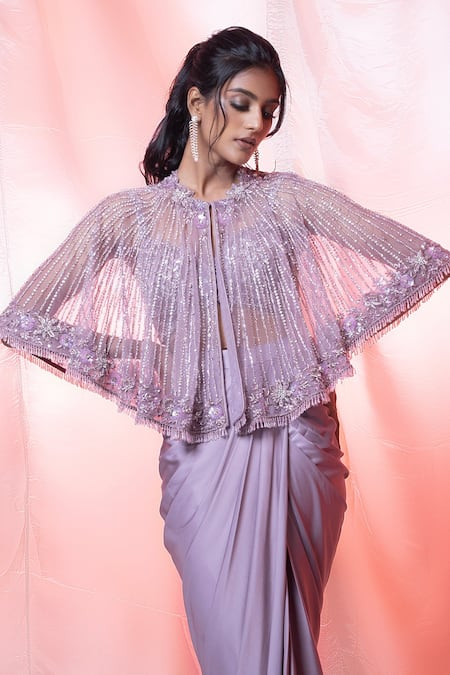 Buy_Jiya By Veer Design Studio_Purple Net Crystals, Cut Work, Embroidery Round Neck Cape Draped Skirt Set _Online_at_Aza_Fashions