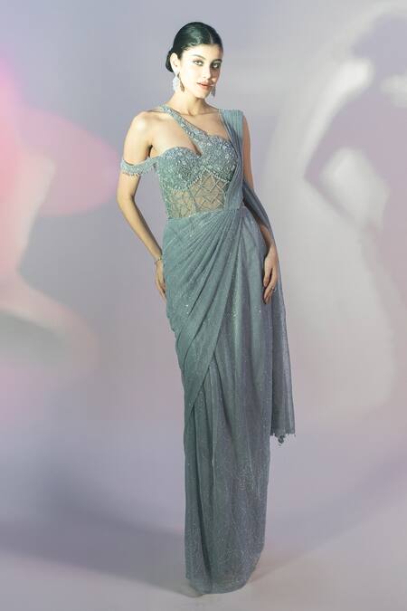 Jiya By Veer Design Studio_Grey Lycra Sequins, Beads Asymmetric Embroidered Attached Drape Gown _Online_at_Aza_Fashions