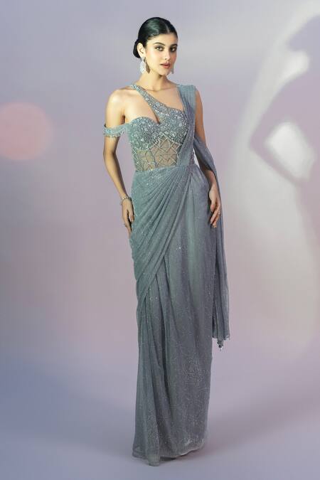 Shop_Jiya By Veer Design Studio_Grey Lycra Sequins, Beads Asymmetric Embroidered Attached Drape Gown _Online_at_Aza_Fashions