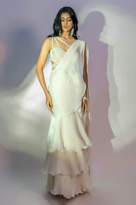 Jiya by Veer Design Studio Ruffled Pre-Draped Saree With Embroidered Blouse 