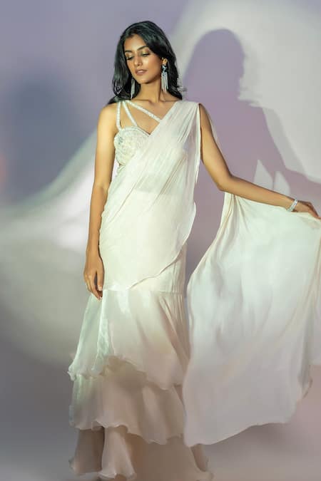 Buy Jiya By Veer Design Studio Off White Chiffon Sequins, Ruffled Pre-draped Saree With Embroidered Blouse Online at Aza Fashions Buy_Jiya By Veer Design Studio_Off White Chiffon Sequins, Ruffled Pre-draped Saree With Embroidered Blouse _Online_at_Aza_Fashions