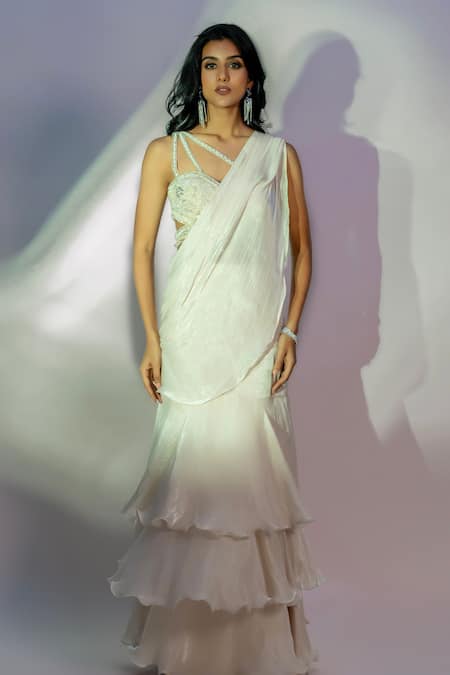 Shop Jiya By Veer Design Studio Off White Chiffon Sequins, Ruffled Pre-draped Saree With Embroidered Blouse Online at Aza Fashions Shop_Jiya By Veer Design Studio_Off White Chiffon Sequins, Ruffled Pre-draped Saree With Embroidered Blouse _Online_at_Aza_Fashions