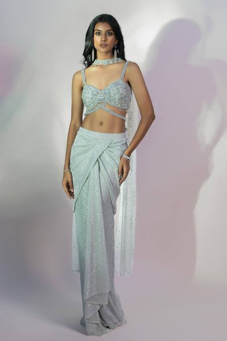 Jiya By Veer Design Studio Grey Net Beads, Tassels Sweetheart Neck Embroidered Blouse Draped Skirt Set Online at Aza Fashions Jiya By Veer Design Studio_Grey Net Beads, Tassels Sweetheart Neck Embroidered Blouse Draped Skirt Set _Online_at_Aza_Fashions