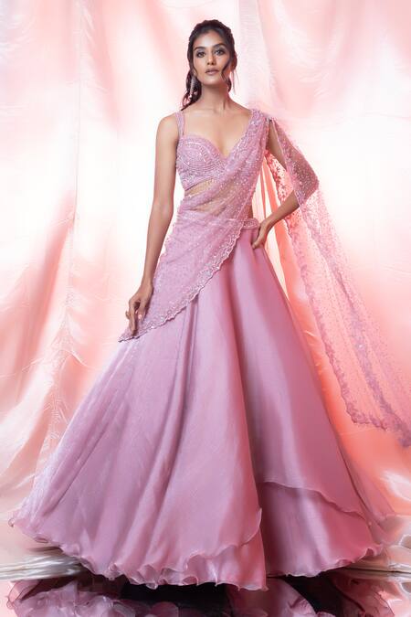 Jiya By Veer Design Studio_Pink Net Beads, Pearls Sweetheart Neck Embroidered Lehenga Set _Online_at_Aza_Fashions