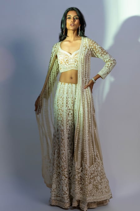 Jiya by Veer Design Studio Gold Net Embroidered Dori Leaf Jacket Palazzo Set 