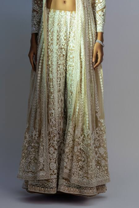 Jiya By Veer Design Studio_Gold Net Embroidery, Diamonds, Pearls Asymmetric Jacket Palazzo Set _Online_at_Aza_Fashions