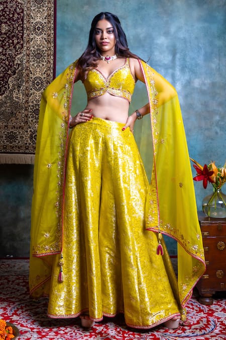 Jiya By Veer Design Studio Brocade Embroidered Blouse Palazzo Set 