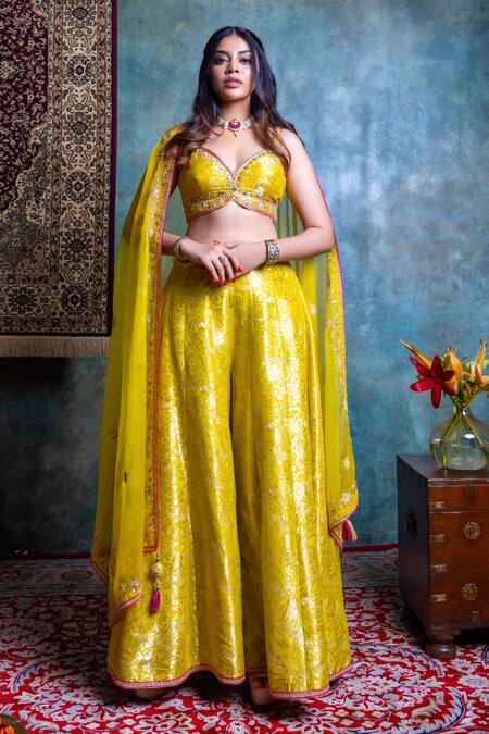 Buy_Jiya By Veer Design Studio_Green Brocade Sequins, Embroidery Boat Neck Blouse Palazzo Set _Online_at_Aza_Fashions