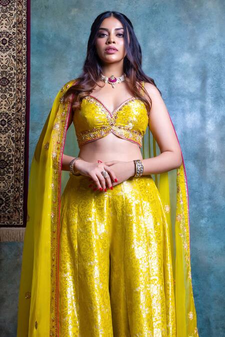 Shop_Jiya By Veer Design Studio_Green Brocade Sequins, Embroidery Boat Neck Blouse Palazzo Set _Online_at_Aza_Fashions