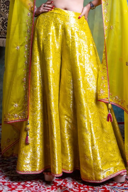 Jiya By Veer Design Studio_Green Brocade Sequins, Embroidery Boat Neck Blouse Palazzo Set _at_Aza_Fashions