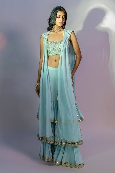 Buy_Jiya By Veer Design Studio_Blue Chiffon Embroidery, Cut Work, Mirrors Layered Palazzo Set With Jacket _Online_at_Aza_Fashions