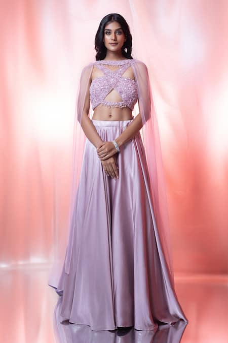 Jiya by Veer Design Studio Pink Net Hand Embroidered Floral Solid Lehenga Set With Choker Dupatta 