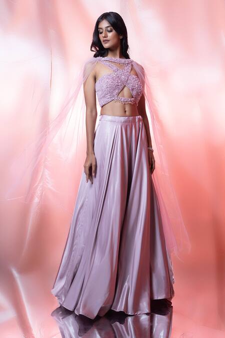 Jiya By Veer Design Studio_Pink Net Sequins, Tassels, Embroidery Solid Lehenga Set With Choker Dupatta _Online_at_Aza_Fashions