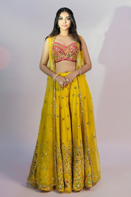 Jiya by Veer Design Studio Yellow Silk Hand Embroidered Mirror Blouse Sweetheart Palazzo Set With Jacket 