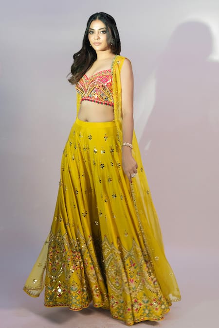 Buy_Jiya By Veer Design Studio_Yellow Silk Beads, Sequins, Mirrors, Hand Embroidered Palazzo Set With Jacket _Online_at_Aza_Fashions