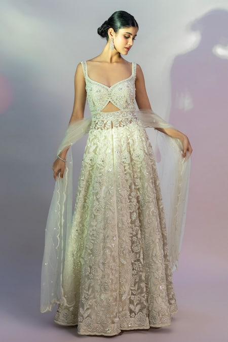 Jiya By Veer Design Studio_Off White Net Embroidery, Crystals, Diamonds Floral Hand Anarkali Lehenga Set _Online_at_Aza_Fashions