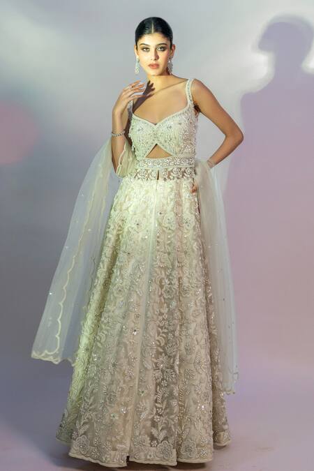 Buy_Jiya By Veer Design Studio_Off White Net Embroidery, Crystals, Diamonds Floral Hand Anarkali Lehenga Set _Online_at_Aza_Fashions