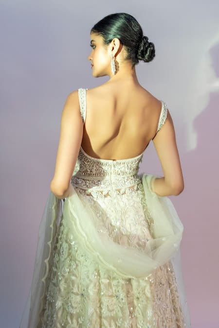 Jiya By Veer Design Studio_Off White Net Embroidery, Crystals, Diamonds Floral Hand Anarkali Lehenga Set _at_Aza_Fashions